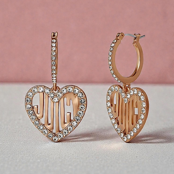 NEW Juicy Couture Rose Gold Crystal Heart Drop Earrings Length 1.80" NWT - Picture 4 of 4